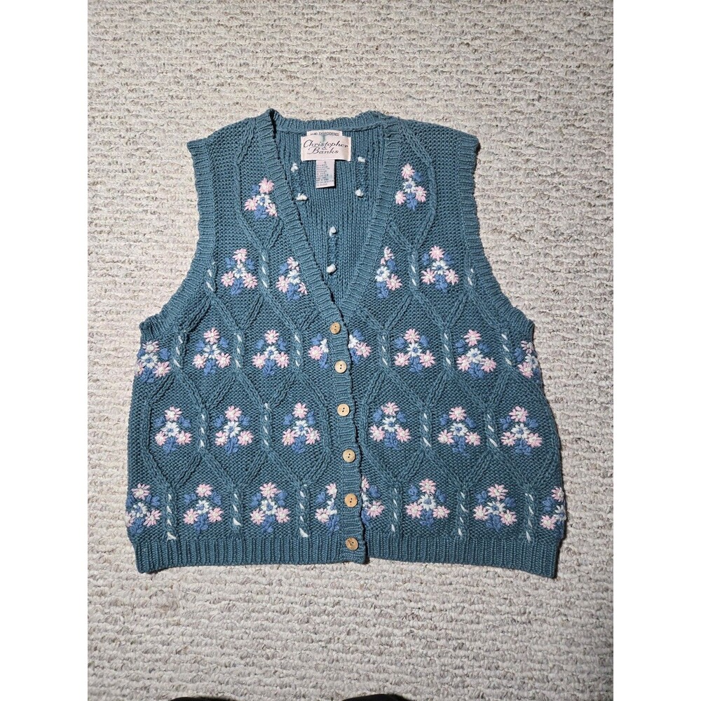 Christopher & Banks Hand Embroidered Knit Sweater Vest Floral Ramie Cotton Small